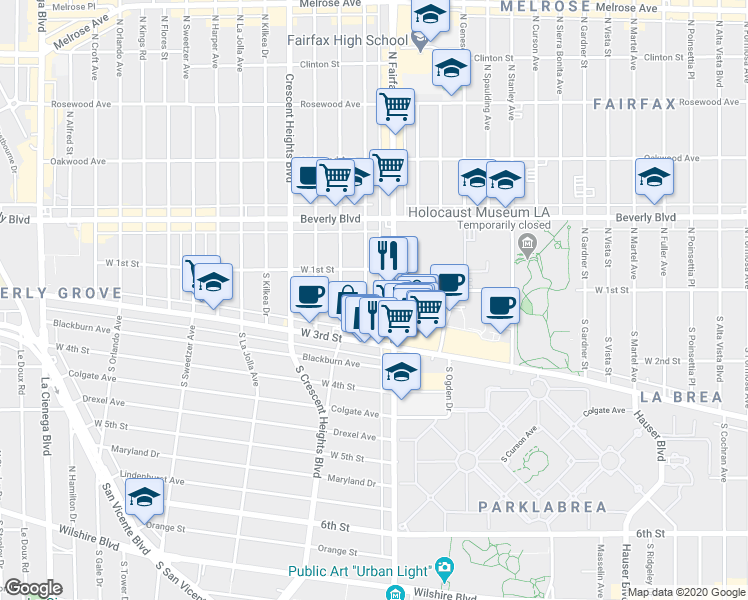 map of restaurants, bars, coffee shops, grocery stores, and more near 156 South Hayworth Avenue in Los Angeles