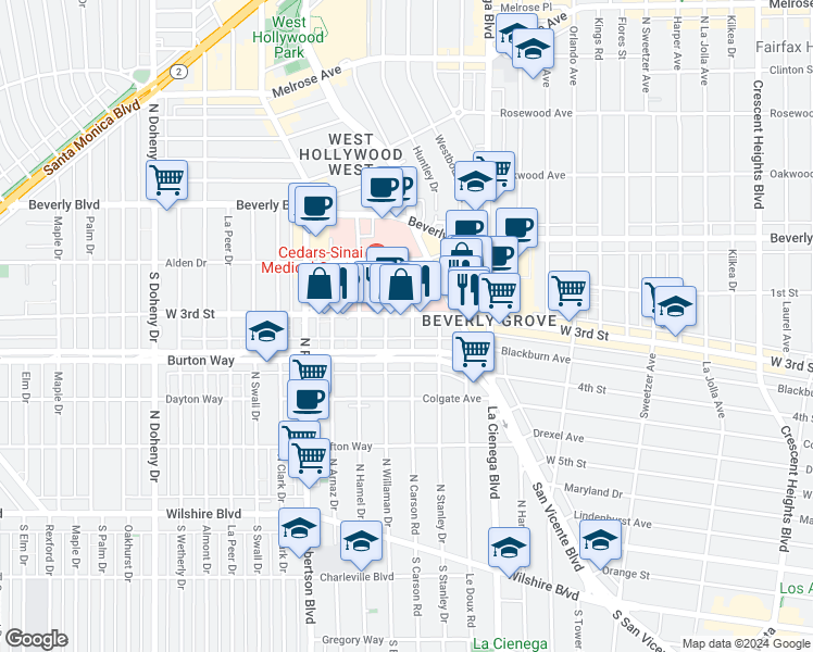 map of restaurants, bars, coffee shops, grocery stores, and more near 8611 Burton Way in Los Angeles