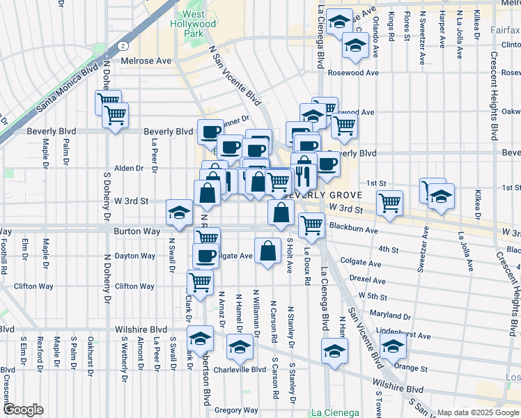 map of restaurants, bars, coffee shops, grocery stores, and more near 8611 Burton Way in Los Angeles