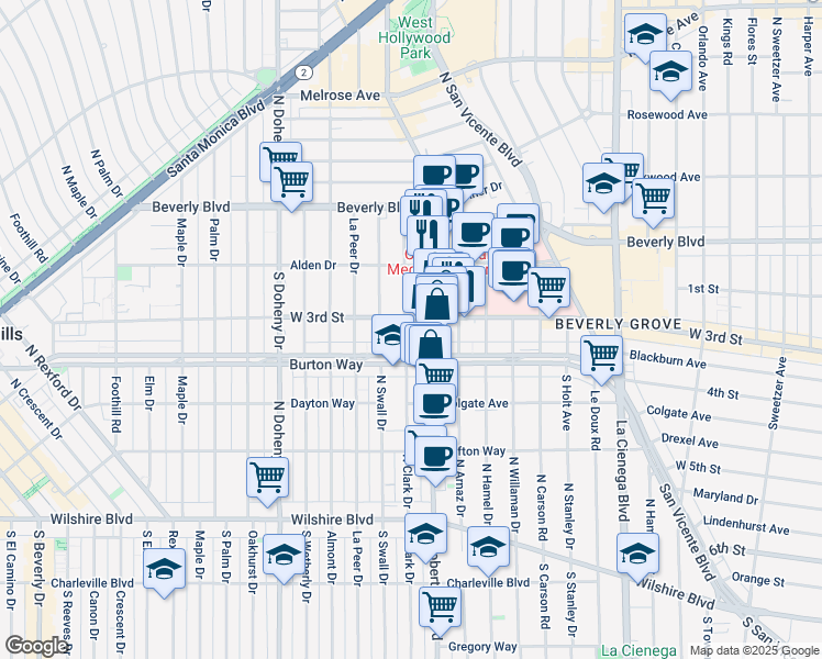 map of restaurants, bars, coffee shops, grocery stores, and more near in Beverly Hills