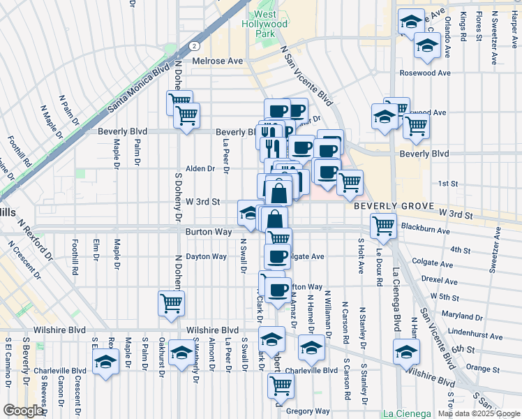 map of restaurants, bars, coffee shops, grocery stores, and more near in Beverly Hills