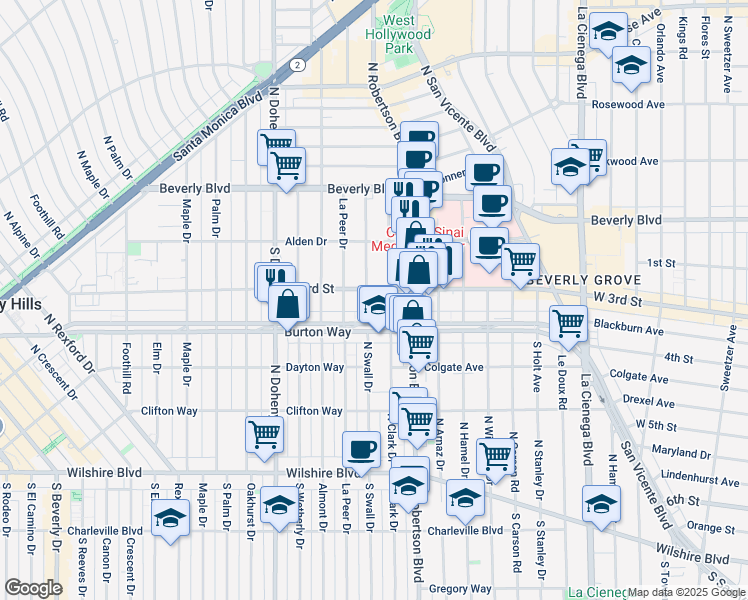 map of restaurants, bars, coffee shops, grocery stores, and more near 8901 Burton Way in Los Angeles