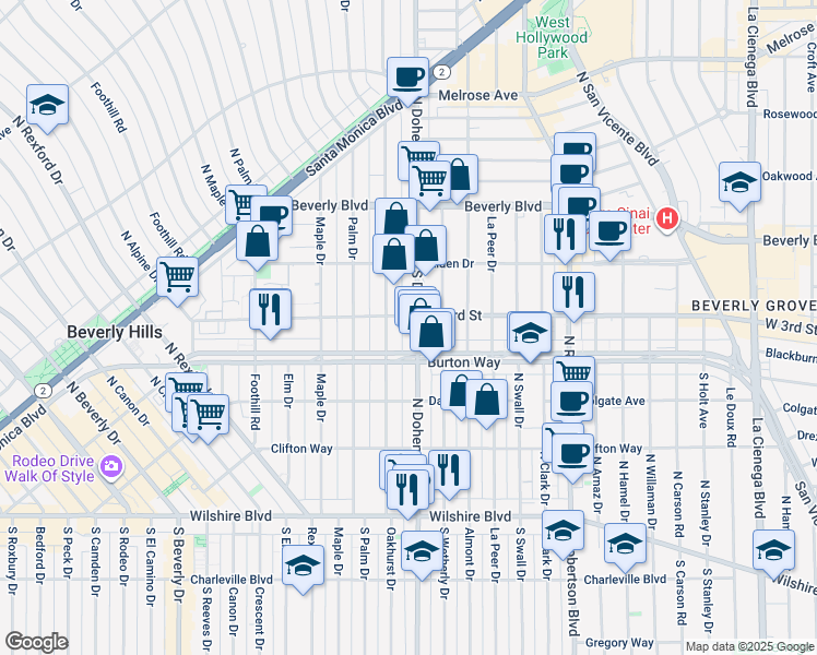 map of restaurants, bars, coffee shops, grocery stores, and more near in Beverly Hills