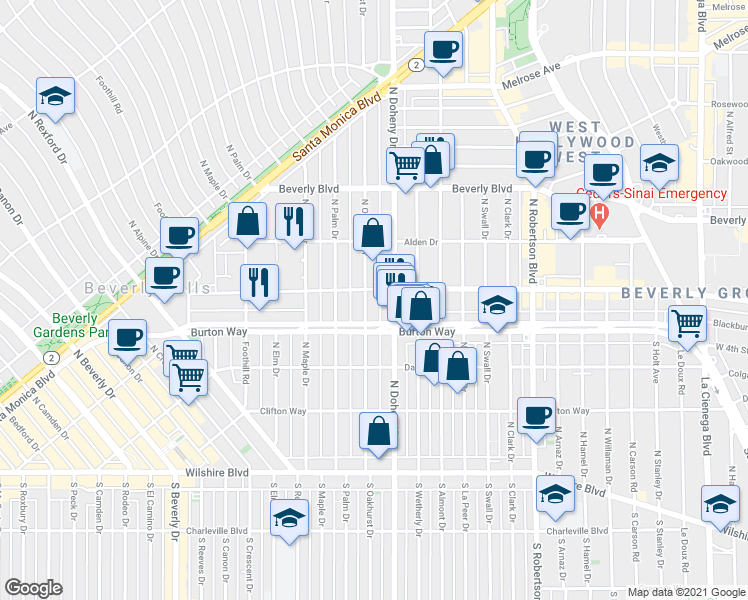 map of restaurants, bars, coffee shops, grocery stores, and more near in Beverly Hills