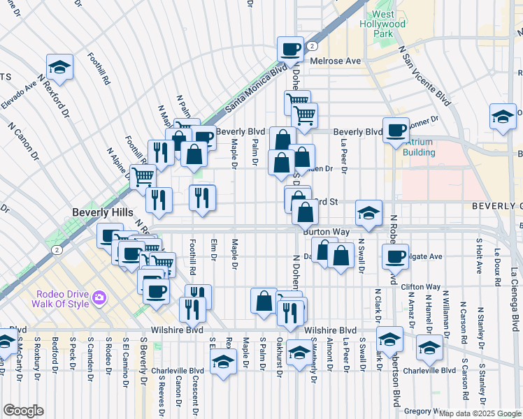 map of restaurants, bars, coffee shops, grocery stores, and more near 315 North Oakhurst Drive in Beverly Hills