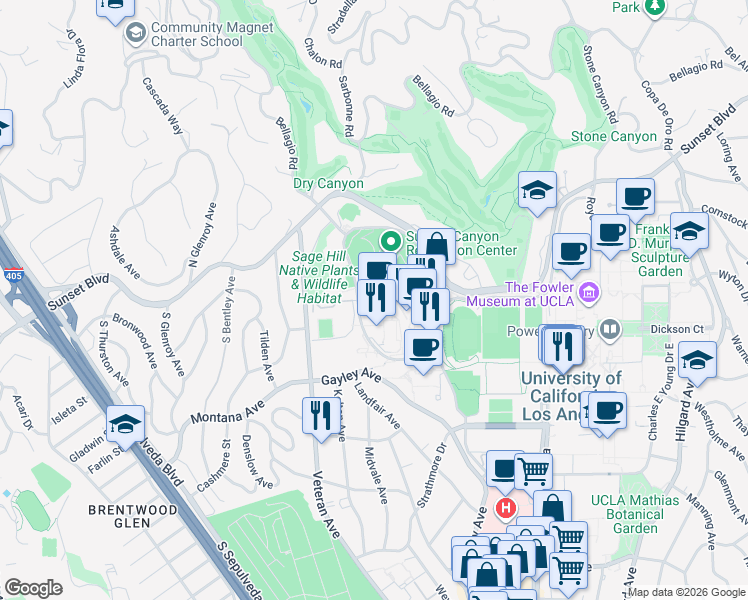 map of restaurants, bars, coffee shops, grocery stores, and more near 270 De Neve Drive in Los Angeles