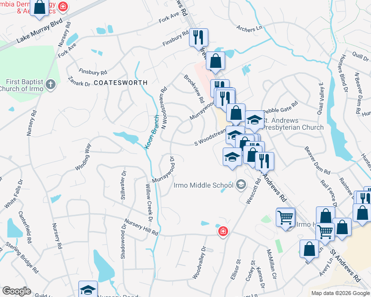 map of restaurants, bars, coffee shops, grocery stores, and more near 121 Frostwood Court in Columbia