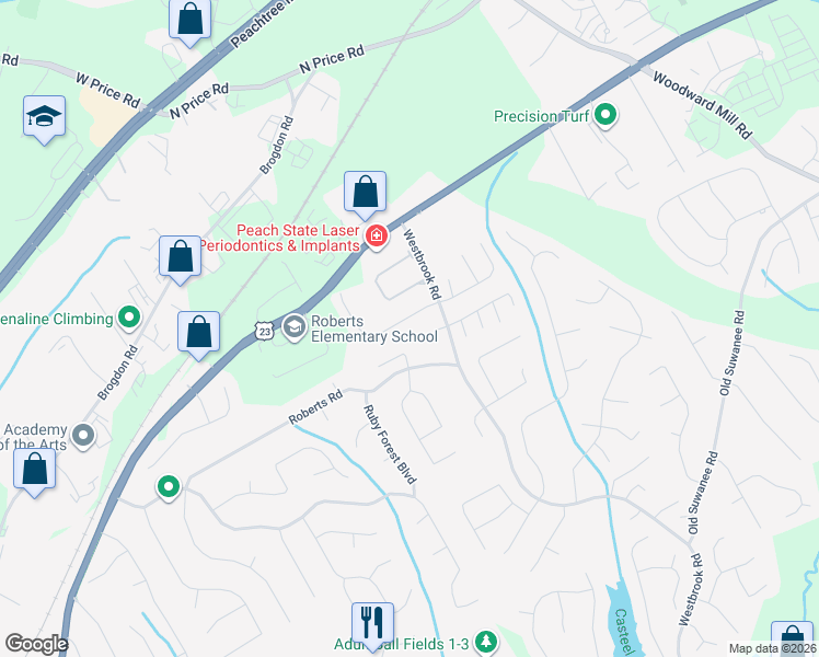 map of restaurants, bars, coffee shops, grocery stores, and more near 379 Creek Manor Way in Suwanee