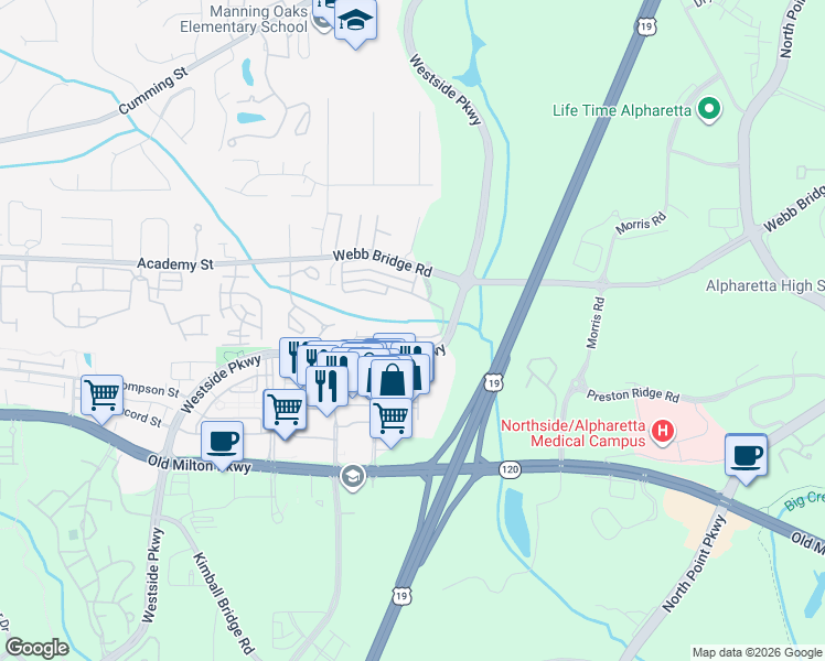 map of restaurants, bars, coffee shops, grocery stores, and more near 1001 Westside Parkway in Alpharetta