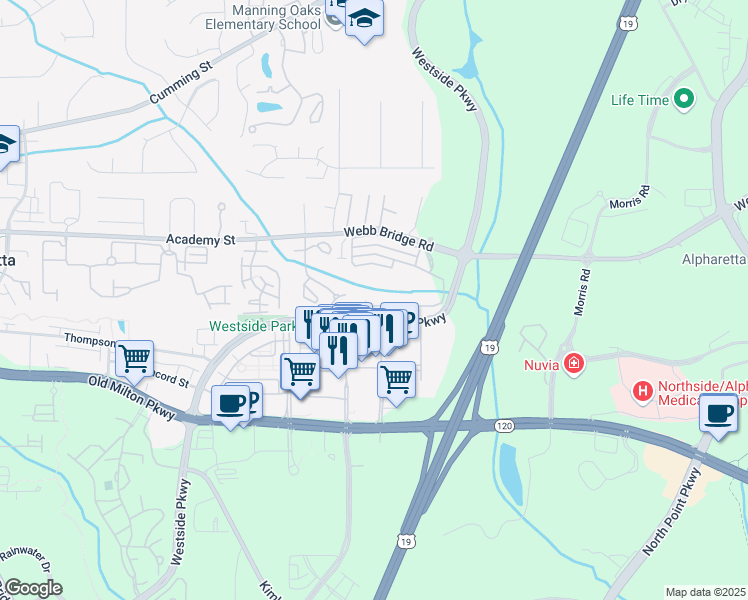 map of restaurants, bars, coffee shops, grocery stores, and more near 9061 Woodland Trail in Alpharetta