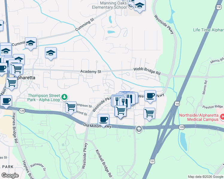 map of restaurants, bars, coffee shops, grocery stores, and more near 2400 Newport Landing in Alpharetta