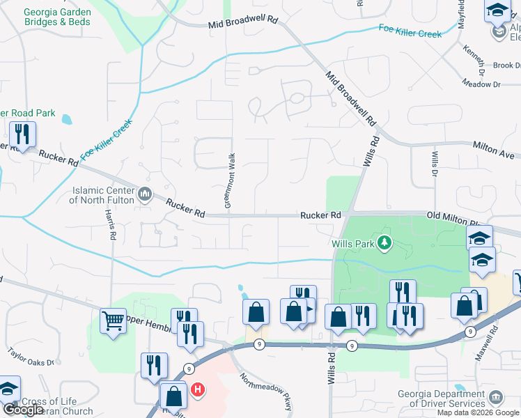 map of restaurants, bars, coffee shops, grocery stores, and more near 590 Daintree Drive in Alpharetta