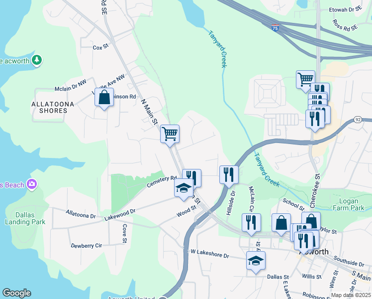 map of restaurants, bars, coffee shops, grocery stores, and more near 4755 Fowler Street in Acworth