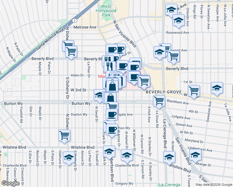 map of restaurants, bars, coffee shops, grocery stores, and more near 305 Arnaz Drive in Los Angeles