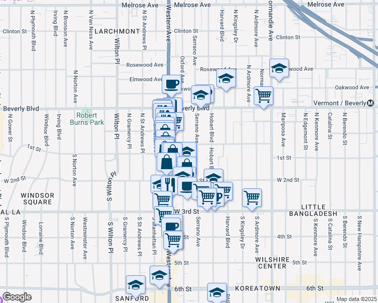 map of restaurants, bars, coffee shops, grocery stores, and more near 114 South Oxford Avenue in Los Angeles