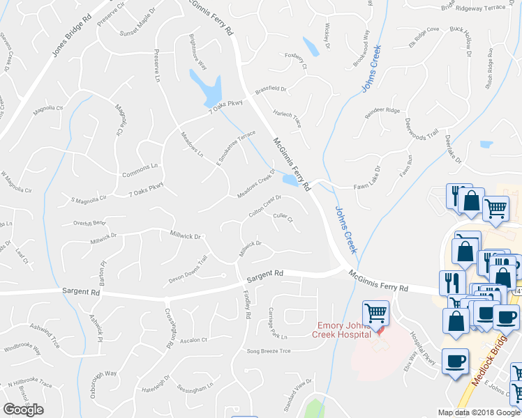 map of restaurants, bars, coffee shops, grocery stores, and more near Colton Crest Drive in Alpharetta