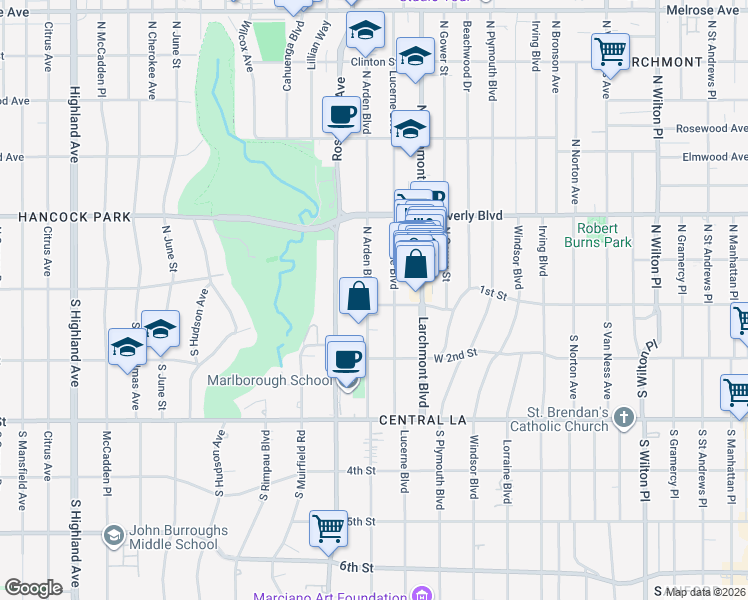map of restaurants, bars, coffee shops, grocery stores, and more near 100 North Arden Boulevard in Los Angeles