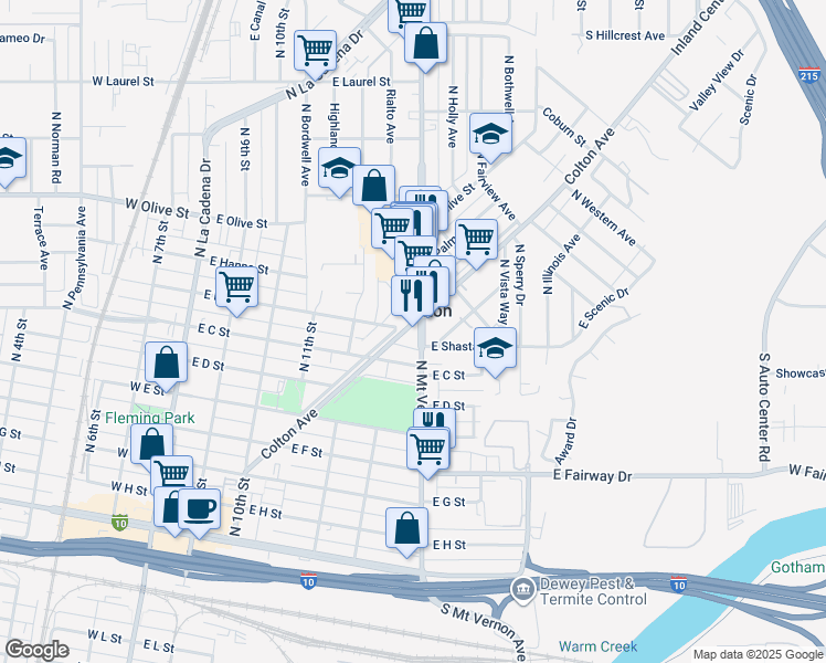 map of restaurants, bars, coffee shops, grocery stores, and more near 818 North Mount Vernon Avenue in Colton