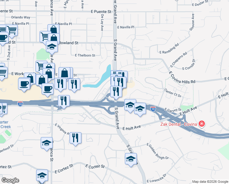 map of restaurants, bars, coffee shops, grocery stores, and more near 2 Grand Avenue in West Covina