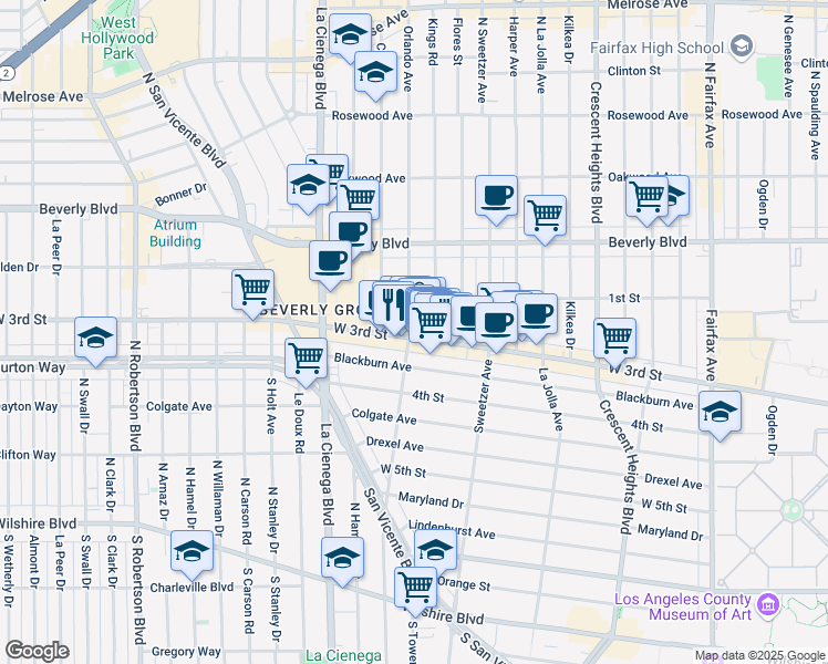 map of restaurants, bars, coffee shops, grocery stores, and more near 8371 Blackburn Avenue in Los Angeles