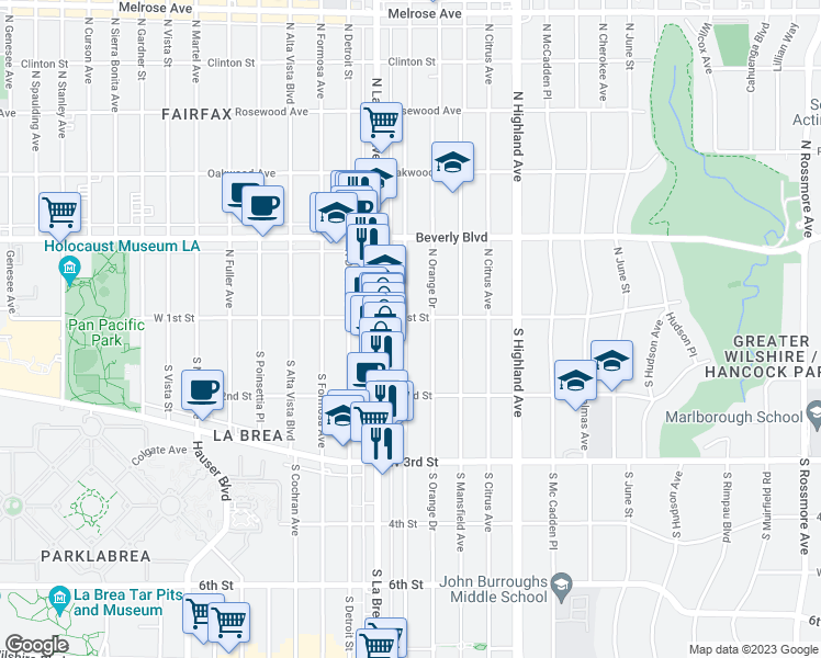 map of restaurants, bars, coffee shops, grocery stores, and more near 108 South Sycamore Avenue in Los Angeles