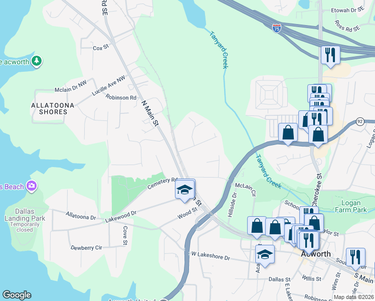 map of restaurants, bars, coffee shops, grocery stores, and more near 5264 North Main Street in Acworth