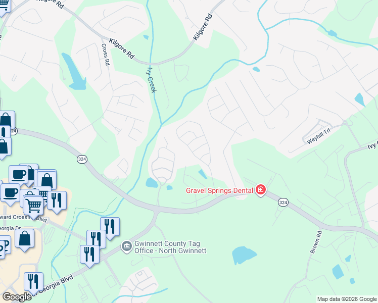 map of restaurants, bars, coffee shops, grocery stores, and more near 3332 Brockenhurst Drive in Buford