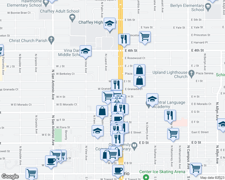 map of restaurants, bars, coffee shops, grocery stores, and more near 125 West Granada Court in Ontario