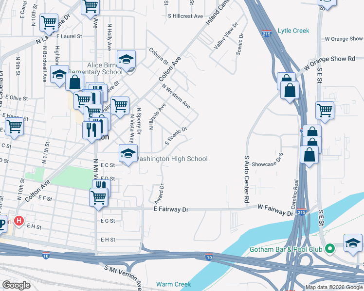 map of restaurants, bars, coffee shops, grocery stores, and more near 1280 James Wehr Court in Colton