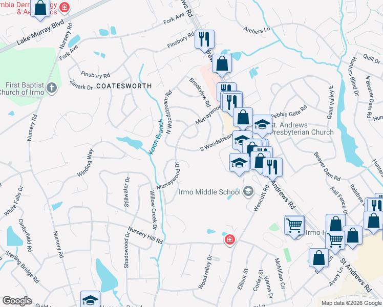 map of restaurants, bars, coffee shops, grocery stores, and more near 121 Frostwood Court in Columbia