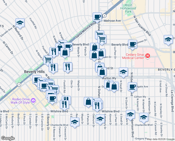 map of restaurants, bars, coffee shops, grocery stores, and more near 324 North Palm Drive in Beverly Hills