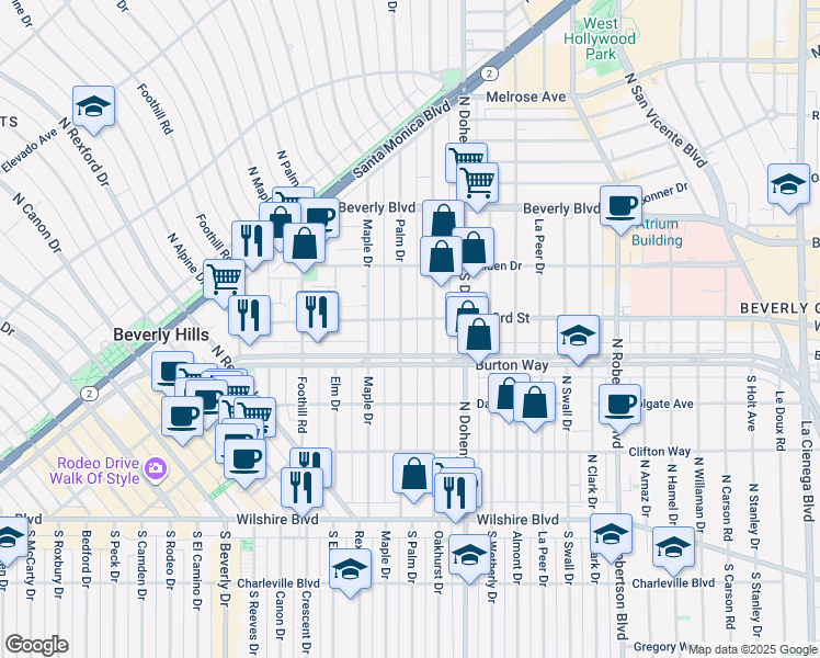 map of restaurants, bars, coffee shops, grocery stores, and more near 324 North Palm Drive in Beverly Hills