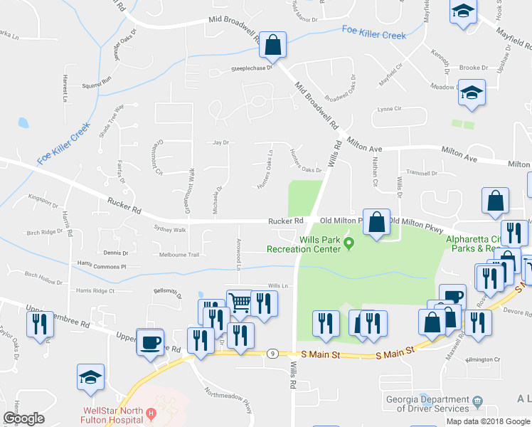 map of restaurants, bars, coffee shops, grocery stores, and more near 1614 Rucker Road in Alpharetta