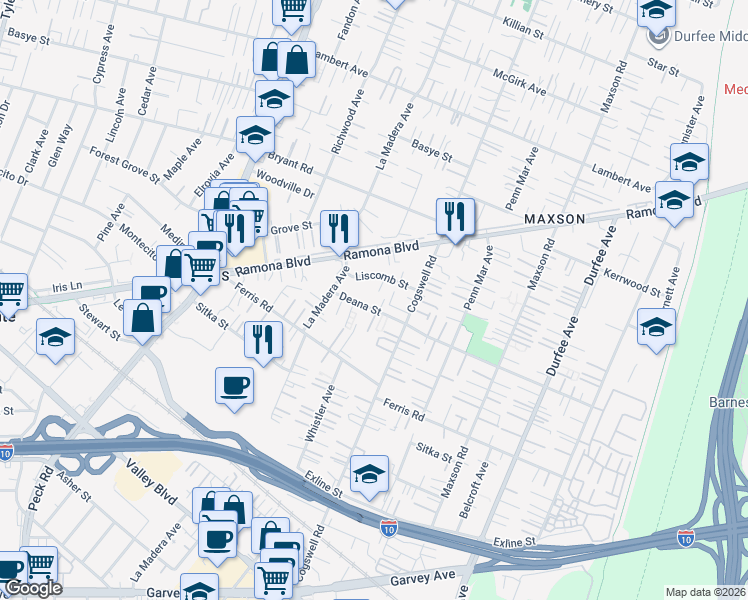 map of restaurants, bars, coffee shops, grocery stores, and more near 11914 Deana Street in El Monte