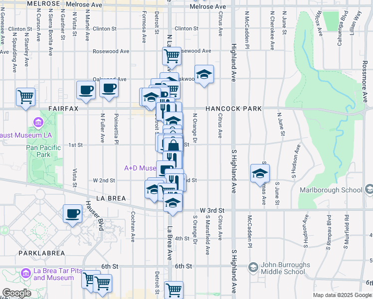 map of restaurants, bars, coffee shops, grocery stores, and more near 108 South Sycamore Avenue in Los Angeles