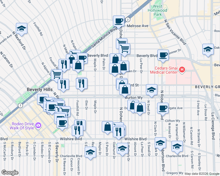 map of restaurants, bars, coffee shops, grocery stores, and more near 325 North Oakhurst Drive in Beverly Hills