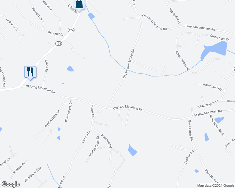 map of restaurants, bars, coffee shops, grocery stores, and more near 1227 Old Victron School Road in Hoschton