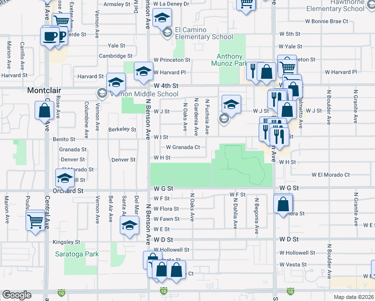 map of restaurants, bars, coffee shops, grocery stores, and more near 1427 West I Street in Ontario