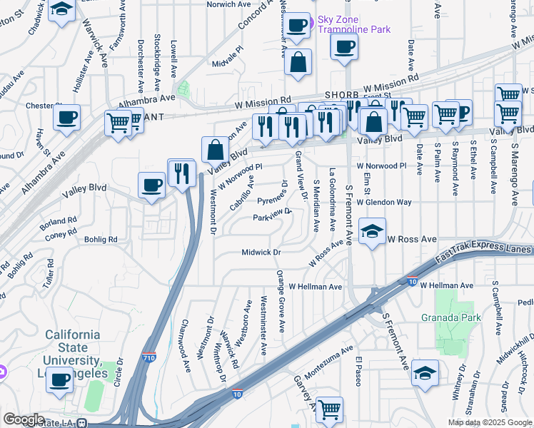 map of restaurants, bars, coffee shops, grocery stores, and more near 2903 Parkview Drive in Alhambra