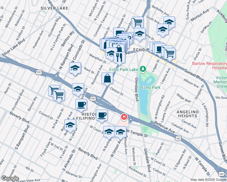 map of restaurants, bars, coffee shops, grocery stores, and more near 1922 1/2 Kent Street in Los Angeles