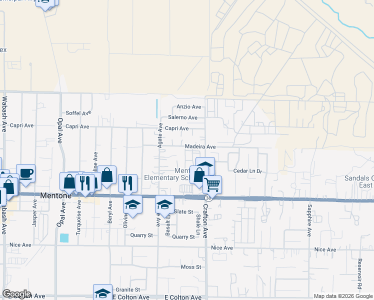 map of restaurants, bars, coffee shops, grocery stores, and more near 2081 Madeira Avenue in Mentone