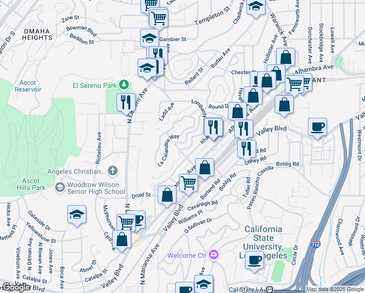 map of restaurants, bars, coffee shops, grocery stores, and more near 5016 La Calandria Way in Los Angeles