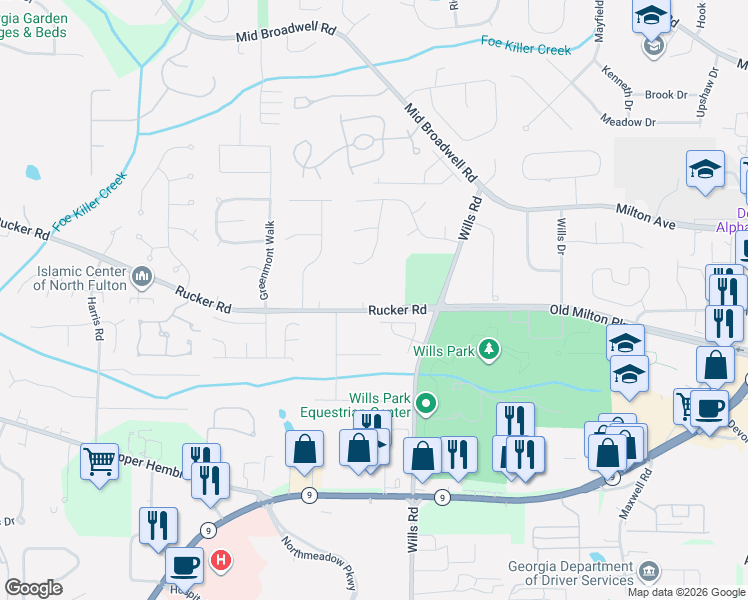 map of restaurants, bars, coffee shops, grocery stores, and more near 4880 Hunters Oaks Lane in Alpharetta