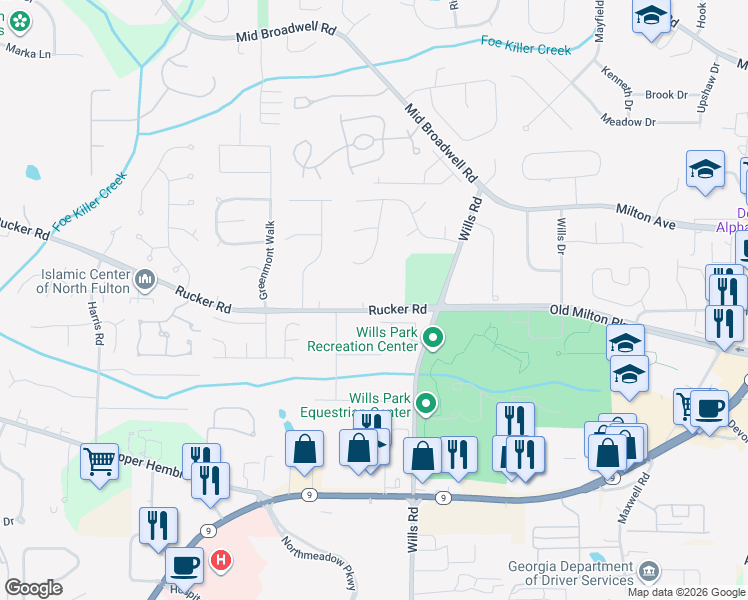 map of restaurants, bars, coffee shops, grocery stores, and more near 1614 Rucker Road in Alpharetta