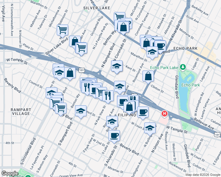 map of restaurants, bars, coffee shops, grocery stores, and more near 444 North Coronado Street in Los Angeles