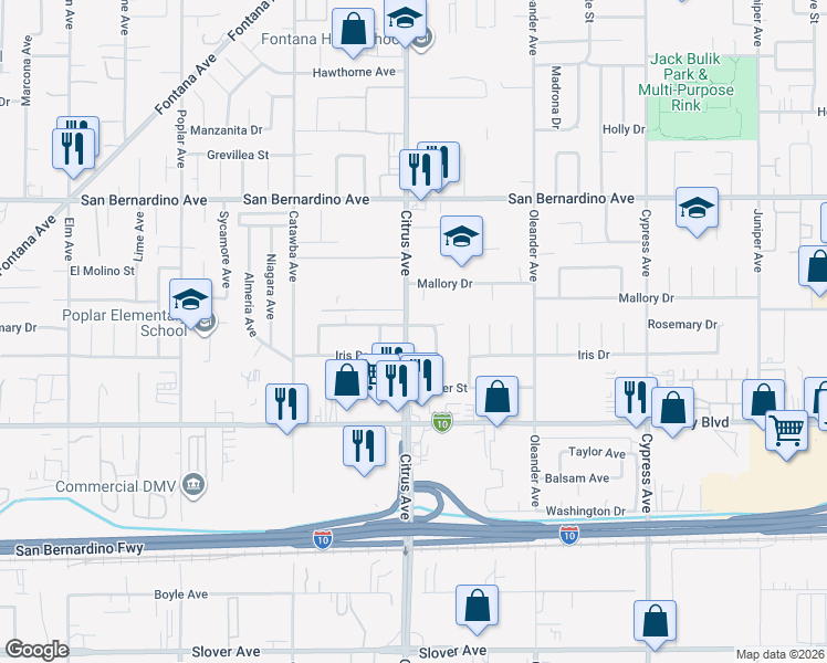 map of restaurants, bars, coffee shops, grocery stores, and more near 16105 Rosemary Drive in Fontana