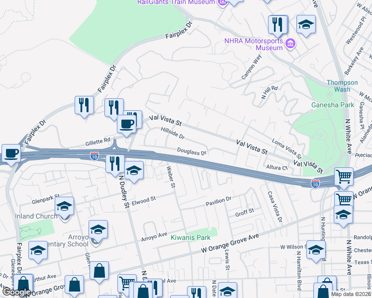 map of restaurants, bars, coffee shops, grocery stores, and more near 1263 Douglass Drive in Pomona