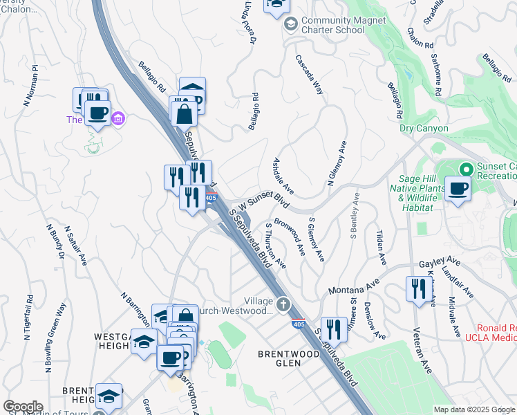map of restaurants, bars, coffee shops, grocery stores, and more near 11350 West Sunset Boulevard in Los Angeles