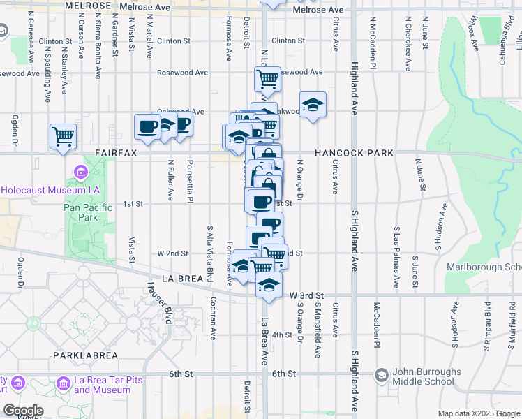 map of restaurants, bars, coffee shops, grocery stores, and more near 114 North La Brea Avenue in Los Angeles