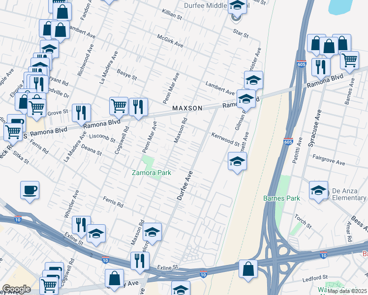 map of restaurants, bars, coffee shops, grocery stores, and more near 4002 Maxson Road in El Monte